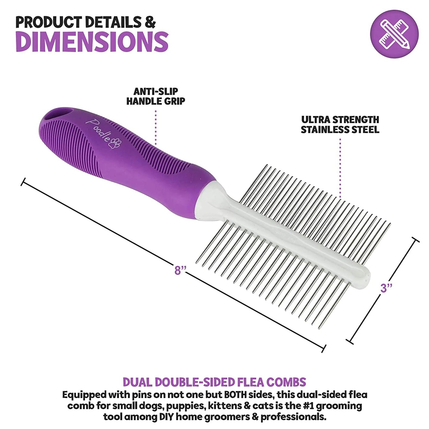 Poodle Pet Double-Sided Stainless Steel Dog & Cat Pet Comb Grooming Hair Tool